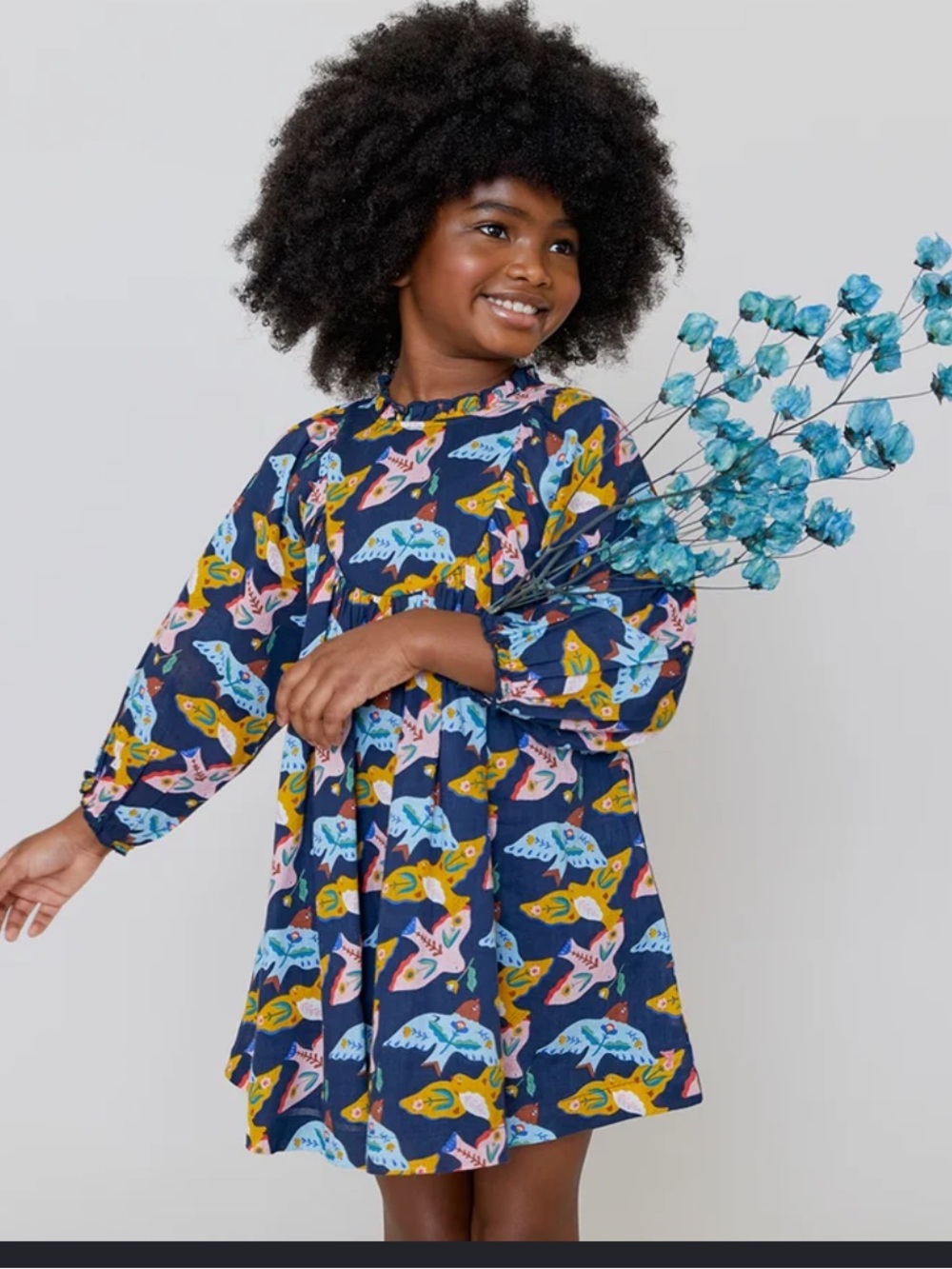 Pink Chicken Navy Multi Folk Bird Long-Sleeve Dress nwot